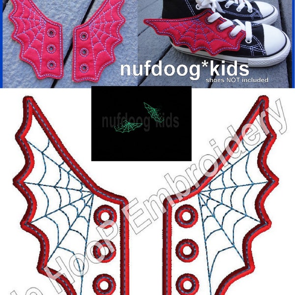 4x4 5x7 SPIDER WEB Shoe Wings Machine Embroidery In Hoop Design Goth Costume Superhero cosplay Steampunk Fantasy Spiderman inspired shoelace