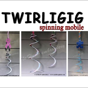 May include: Three colorful twirligig spinning mobiles. The first mobile is pink and white with a pink ribbon at the top. The second mobile is multi-colored and the third mobile is blue and white with a blue puzzle piece at the top. The text "TWIRLIGIG spinning mobile" is at the top of the image.
