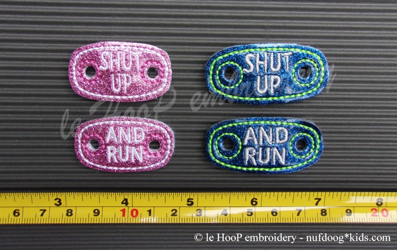 4x4 Oval Shoe Tags Machine Applique Embroidery design ITH In The Hoop Charms Blank and SHUT UP shoelace image 5