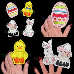 May include: Set of five felt finger puppets featuring an Easter egg, chick, bunny, and two lambs. The puppets are colorful and have embroidered details.