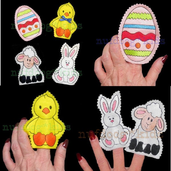 In-The-Hoop Easter Felt FINGER PUPPETS set of 4 with PDF Instructions Machine Embroidery Applique 4x4 hoop Bunny Lamb Chick Egg