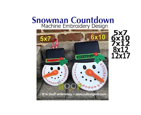 Christmas countdown Snowman ornament two styles ribbon or tab ITH  Embroidery design file