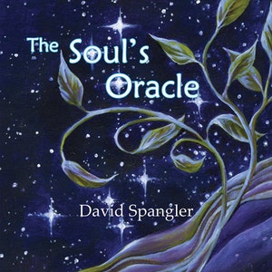 Puede incluir: Una portada de libro con un fondo azul y morado que presenta una planta estilizada con hojas y una estrella brillante. El título del libro es "The Soul's Oracle" de David Spangler. El texto "Illustrations by Devå Berg" está en la parte inferior de la portada.