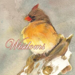 May include: A watercolor painting of a cardinal perched on a branch. The bird is yellow and orange with a red head. The title "Wisdoms" is written in cursive script below the bird. The artist's name, Dorothy Maclean, is written in cursive script at the bottom of the painting.