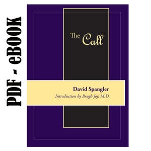May include: A book cover with a purple background and a black rectangle in the center. The text "The Call" is in gold lettering on the black rectangle. The author's name, "David Spangler", is in gold lettering on a yellow rectangle below the black rectangle. The text "Introduction by Brugh Joy, M.D." is in gold lettering below the author's name.