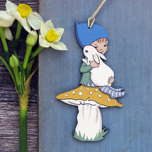 Pixie and Bunny Wooden Hanging Decoration