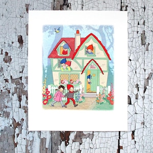 May include: A colorful illustration of a cottage labeled Pixie House with a red roof and timber framing. Several small figures in pointed hats are visible in the windows and doorway, while two children walk in front of a white picket fence.