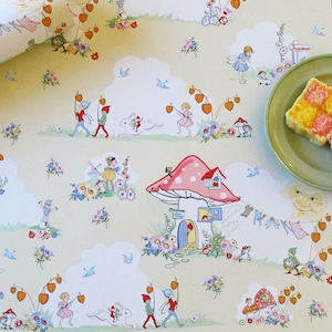 May include: A whimsical illustration of a mushroom house with a pink and white roof, surrounded by flowers, birds, and gnomes. The house has a blue door and windows, and a clothesline with laundry hanging outside. The illustration is on a light yellow background.