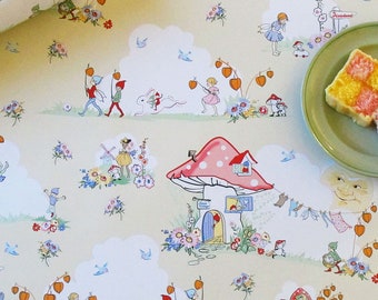 May include: A light yellow wallpaper featuring a repeating pattern of fairies, elves, rabbits, and a mushroom house labeled Pixie Cottage. The design includes orange lantern-like flowers, blue birds, and a smiling moon, with a slice of cake on a green plate.
