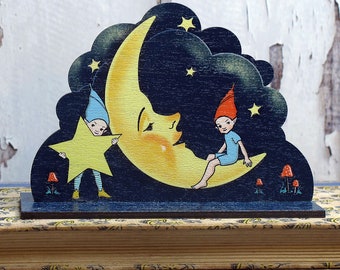 Moon and Pixie Wooden Stand up Shelfie Decoration