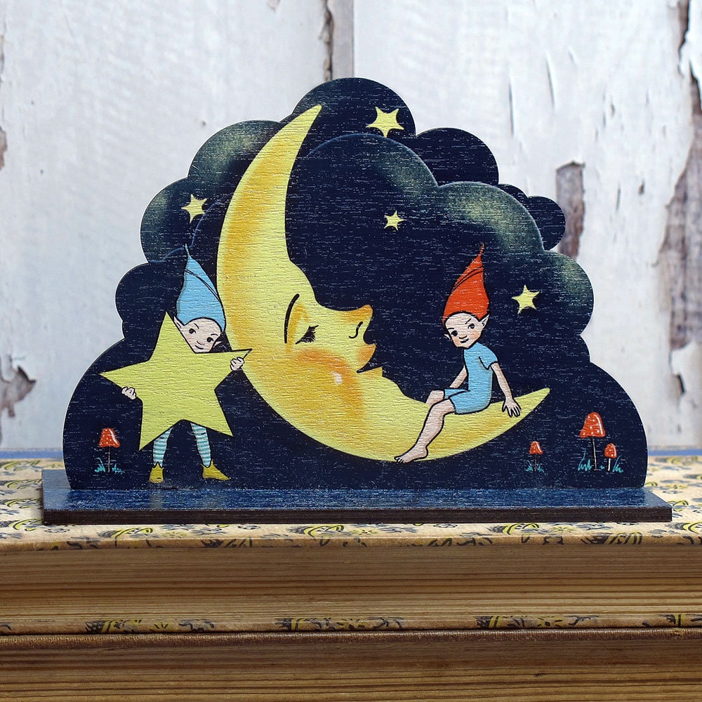 Mond und Pixie Holz Stand up Shelfie Dekoration