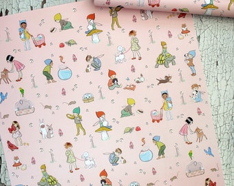 May include: A roll of light pink wrapping paper featuring a repeating pattern of children interacting with various animals, including dogs, cats, rabbits, turtles, and birds, alongside small illustrations of mushrooms, fishbowls, and strollers.