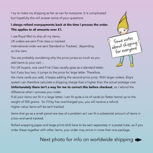 May include: An informational graphic with a gradient background featuring a cartoon elf wearing a yellow hat and green striped leggings, holding a white sign that reads: Some notes about shipping for everyone. The text explains shipping policies.