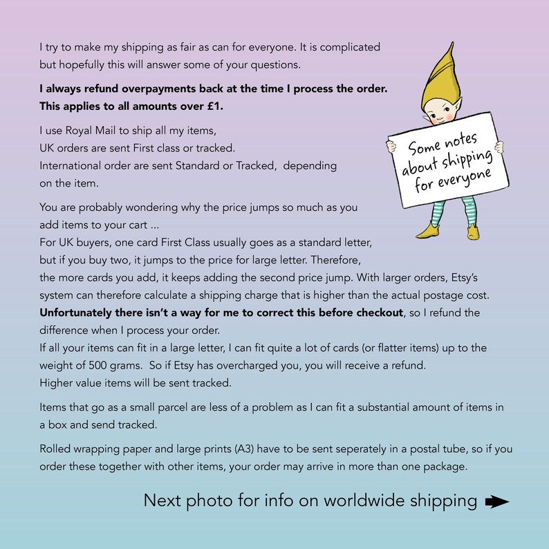 May include: An informational graphic with a gradient background featuring a cartoon elf wearing a yellow hat and green striped leggings, holding a white sign that reads: Some notes about shipping for everyone. The text explains shipping policies.