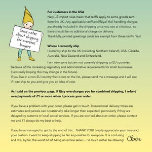 May include: An illustration of a small elf wearing a yellow hat and striped leggings, holding a white sign with the text 'Some notes about shipping for overseas buyers'. The background is a gradient of light green to yellow with black text.
