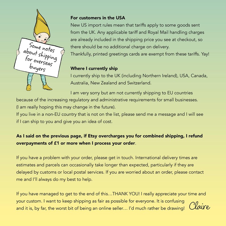 May include: An illustration of a small elf wearing a yellow hat and striped leggings, holding a white sign with the text 'Some notes about shipping for overseas buyers'. The background is a gradient of light green to yellow with black text.