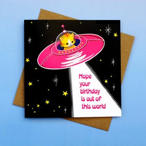 UFO Kitty neon pink birthday card