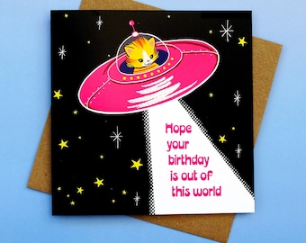 UFO Kitty neon pink birthday card