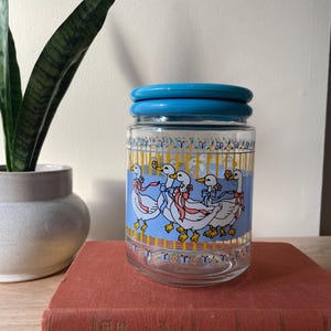 Vintage Blue Ribbon Goose Glass Jar Cannister by KIG Indonesia , Blue and Pink Ribbon Goose Country Kitchen Decor Storage