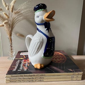 Vintage Blue Ribbon Goose Pitcher Jug, Ceramic Country Kitchen Kitschy Decor Duck