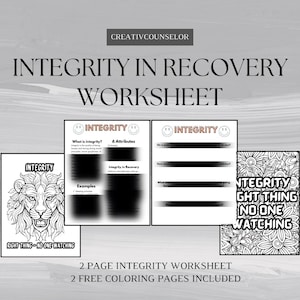 Op de afbeelding: Een tweezijdig, printbaar werkblad met de titel "Integriteit in herstel" met twee kleurplaten met een leeuw en een bloemenontwerp. Het werkblad bevat prompts voor reflectie op integriteit en de eigenschappen ervan in herstel.