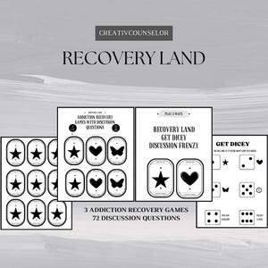 May include: A set of three addiction recovery games with discussion questions. The games are titled "Recovery Land" and "Get Dicey." The game cards feature star, heart, and butterfly shapes. The text "3 Addiction Recovery Games, 72 Discussion Questions" is also visible.