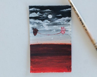 Aquarelle sur papier fin, Chaîne rouge du destin, Akai Ito, Deux coeurs connectés, Coeurs, la lune, peinture originale, Cadeau idéal, amour, oeuvre d'art