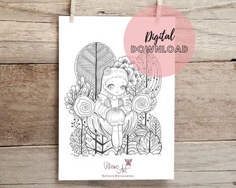 Printable Coloring Page manga style art digital painting instant download A4 art for kids room wallart printable
