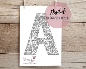 Printable Coloring Page, LETTER A, Instant Digital Download (JPG and PDF), A4, 8,5x11 inch