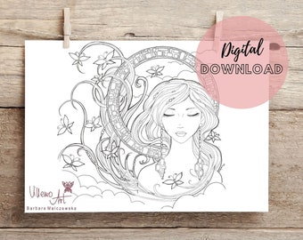 Printable digital coloring page boho style art digital instant download A4 print girl design
