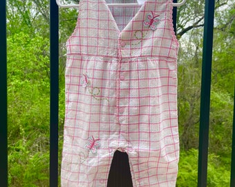 6-9M -McBaby Vintage Onesie | Pink Gingham/Plaid Romper with Butterfly decals | Infant