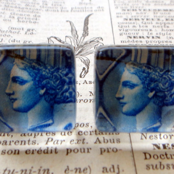 Republica Italiana Postage Stamps Under Glass Silver Plated Post Earrings
