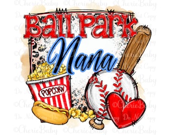 Ball Park Nana Sublimation Design, DTF Digital Download, Hot Dog, Popcorn, Leopard print, Baseball Printable png, Grandmother Shirt Design