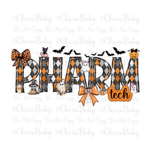 May include: A Halloween-themed graphic with the word "PHARM" in black and orange diamond pattern letters, decorated with bats, pumpkins, ghosts, and bows. The word "tech" is in orange. The design is on a white background.
