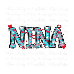 Diseño de sublimación de Nina, png imprimible, descarga digital, corazones y letras de garabatos azules, día de San Valentín, amor, día de la madre, abuela png