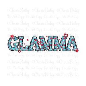 Diseño de sublimación Glamma, PNG imprimible, descarga digital DTF, letras azules y corazones, Día de la Madre, diseño de camiseta para abuela.