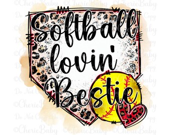 Softball Lovin' Bestie Sublimation Design, Printable png, Digital Download, Leopard Print, Faux Bleach Look, Home Plate, Best Friend Design