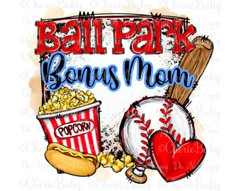 Ball Park Bonus Mom png, Sublimation Design, Digital Download, Hot Dog, Popcorn, Leopard print, Baseball Printable png, Stepmom Shirt Design