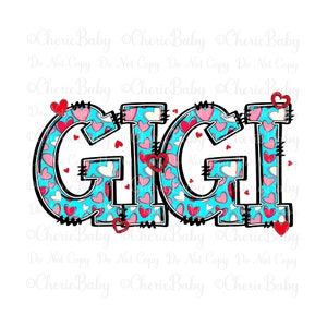 Diseño de sublimación Gigi, png imprimible, Descarga digital, Corazones y letras de garabatos azules, Día de San Valentín, Amor, Día de la Madre, Abuela png