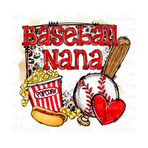 Diseño de sublimación de Nana de béisbol, PNG imprimible, descarga digital DTF, apariencia de blanqueador falso, estampado de leopardo, diseño deportivo, palomitas de maíz y hot dog