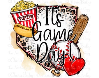 It's Game Day Sublimation Design, Printable png, Digital Download, Faux Bleach on Leopard Print, Baseball Shirt Design, Popcorn and Hot Dog