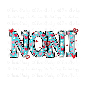 Diseño de sublimación Noni, png imprimible, Descarga digital, Corazones y letras de garabatos azules, Día de San Valentín, Amor, Día de la Madre, Abuela png