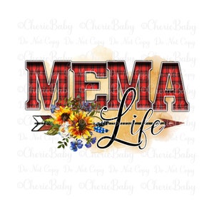 Diseño de sublimación "Mema Life", PNG imprimible, descarga digital DTF, letras a cuadros, girasoles y flechas, diseño de camiseta para abuela, Día de la Madre