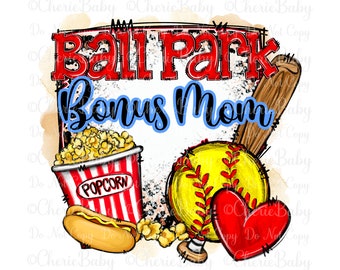 Ball Park Bonus Mom png, Sublimation Design, Digital Download, Hot Dog, Popcorn, Leopard print, Softball Printable png, Stepmom shirt design