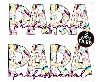 Può includere: Due disegni "PARA professional" con un motivo colorato di pastelli e scarabocchi. Il testo è in grassetto, con un contorno, e la parola "professional" in corsivo sotto. Un piccolo cerchio indica "2 file png".