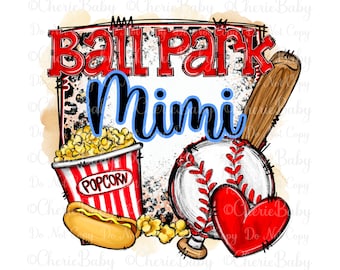 Ball Park Mimi Sublimation Design, DTF Digital Download, Hot Dog, Popcorn, Leopard print, Baseball Printable png, Grandmother Shirt Design