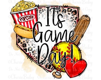 It's Game Day Sublimation Design, Printable png, Digital Download, Faux Bleach on Leopard Print, Softball Shirt Design, Popcorn and Hot Dog