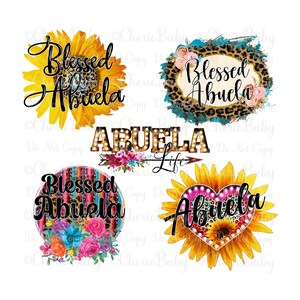 Paquete de diseños de sublimación para abuelas, 5 descargas digitales DTF, cinco archivos PNG imprimibles, girasoles, bonitos diseños de camisetas de abuelas con flores coloridas