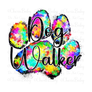 Könnte beinhalten: Ein farbenfrohes Pfotenabdruck-Design mit den Worten "Dog Walker" in schwarzem Text. Der Pfotenabdruck besteht aus einem Regenbogen von Farben, darunter Rot, Orange, Gelb, Grün, Blau und Lila.