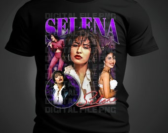 May include: Black t-shirt with a purple and white graphic of Selena Quintanilla. The graphic features multiple images of Selena in different outfits and poses. The text "SELENA" is written in large purple letters at the top of the graphic. The text "DIGITAL FILE PNG" is written in smaller purple letters at the bottom of the graphic.